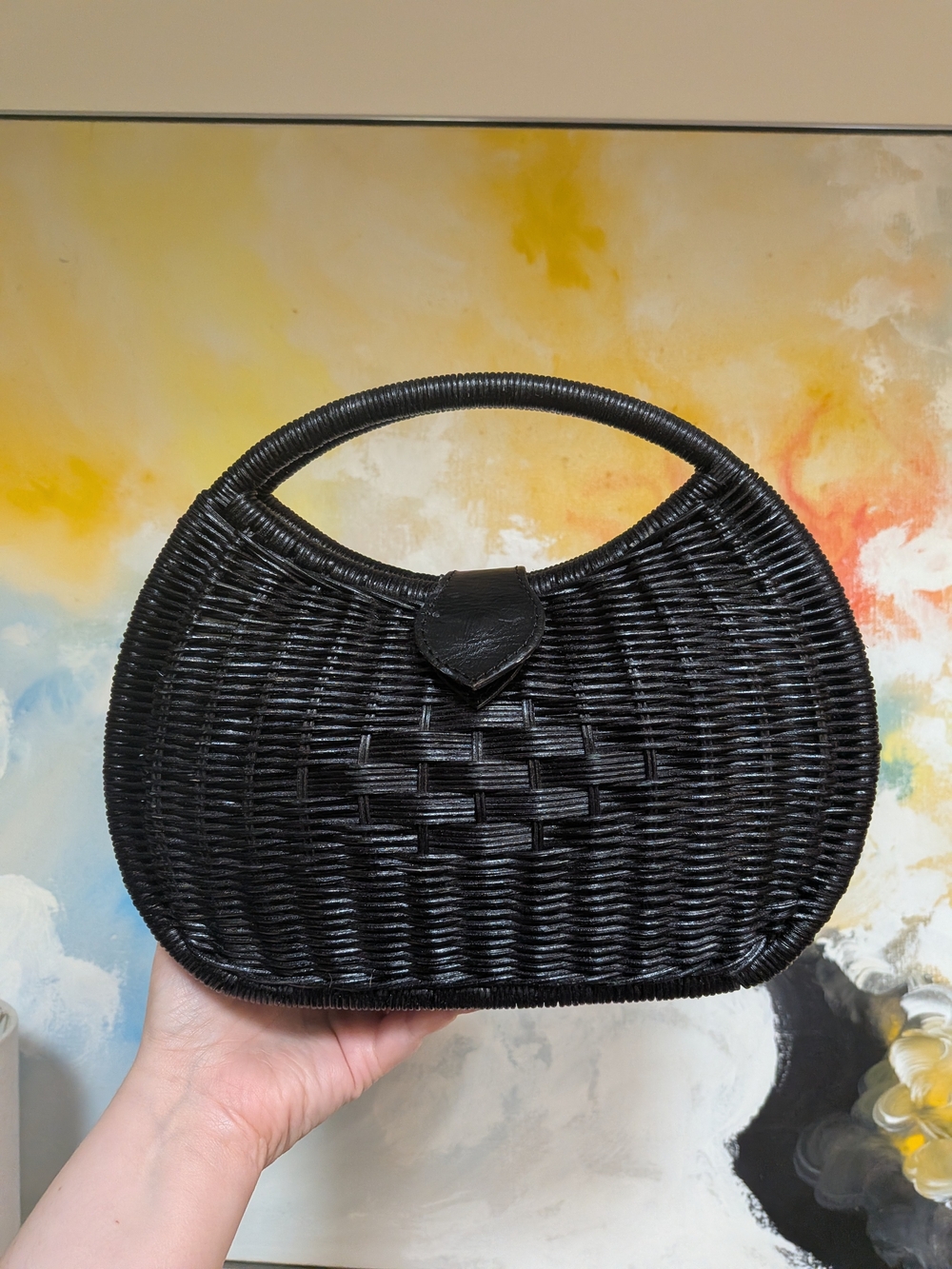 Jelavu Black Rattan Woven Crescent Bag Boho Leather